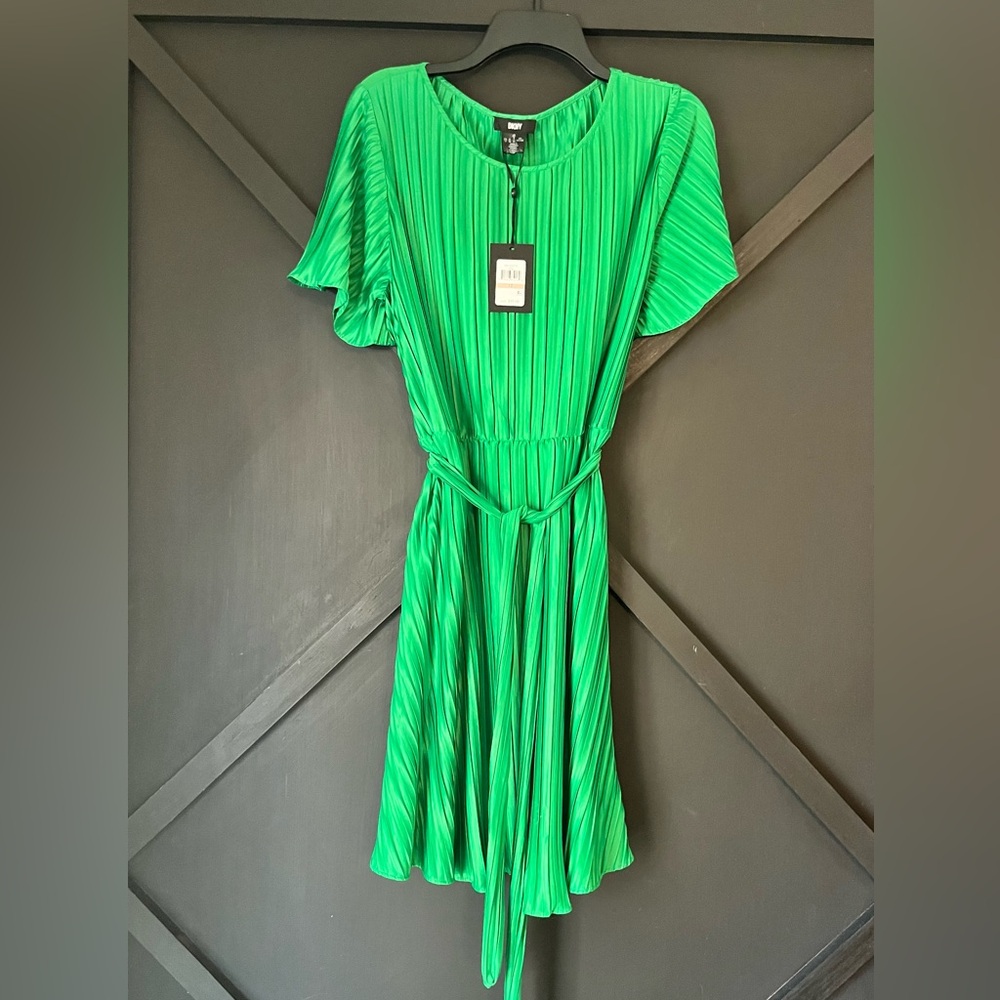 DKNY Emerald Green Pleated Midi Dress with Tie Waist